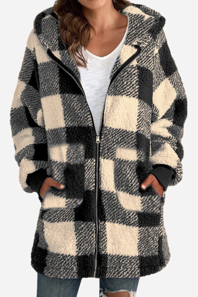 Double Take Full Size Plaid Long Sleeve Hooded Coat in 4 Color Choices in Size S, M, L, XL, 2X, or 3X