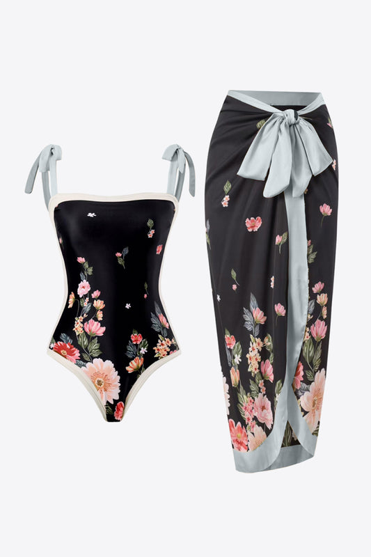 Floral Tie-Shoulder Two-Piece Swim Set in Size S, M, L, XL, or 2XL Floral