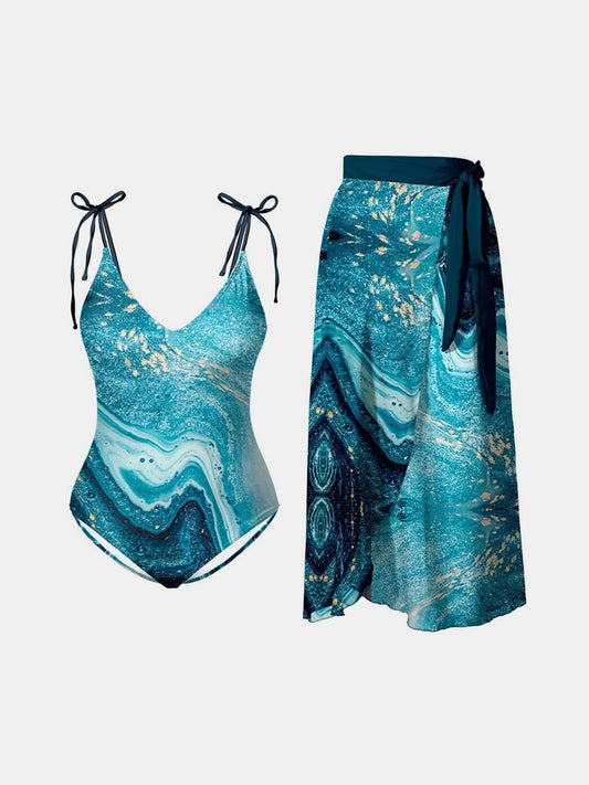 Printed Tie Shoulder Swimwear and Skirt Swim Set in Size S, M, L, XL, 1XL, or 2XL Turquoise