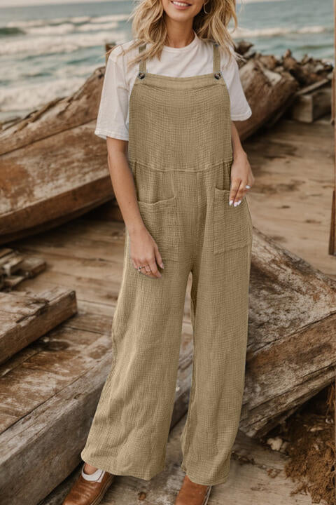 Full Size Wide Leg Front Pocket Jumpsuit Camel