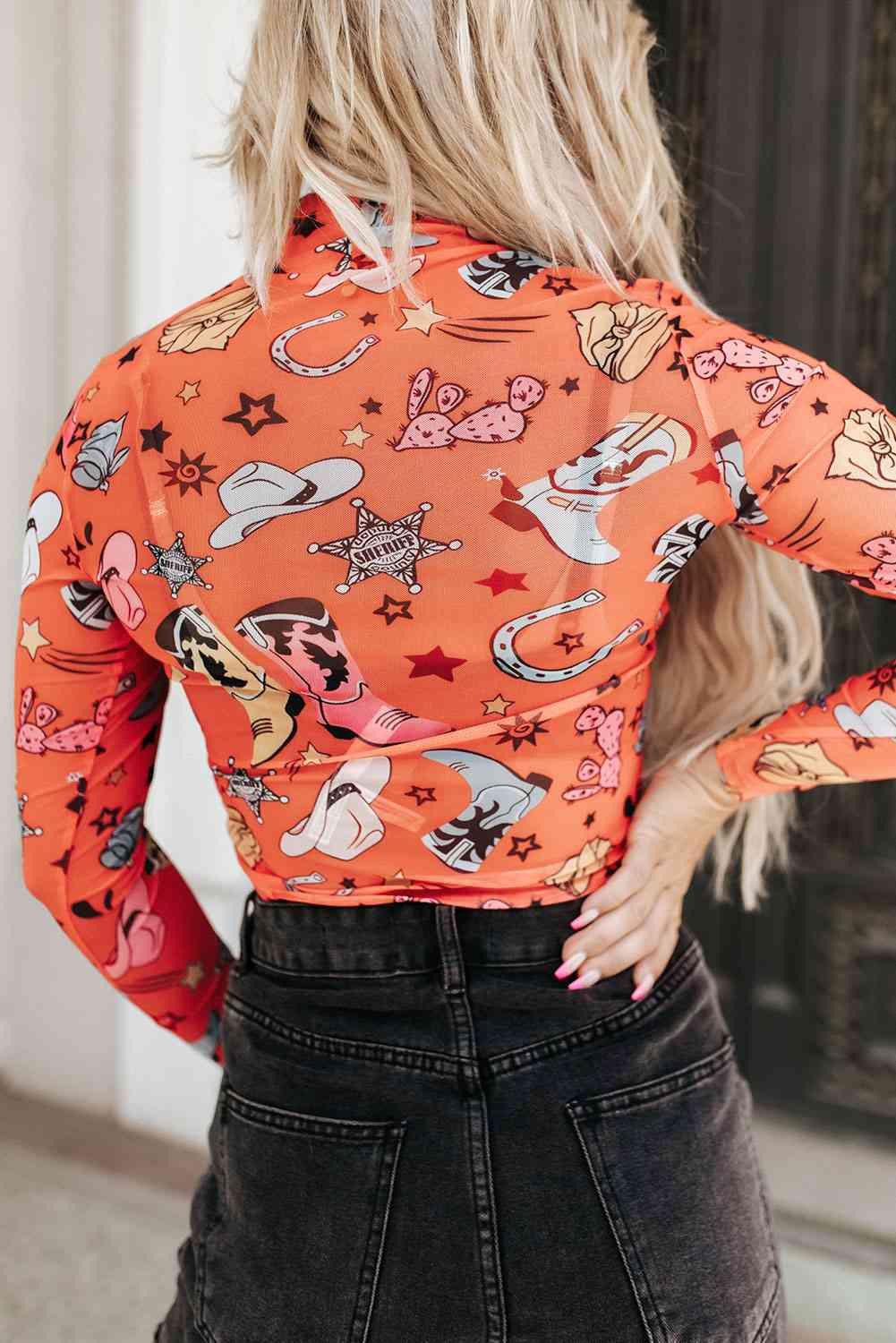 Printed High Neck Long Sleeve Bodysuit in Orange or Beige in Size S, M, L, or XL