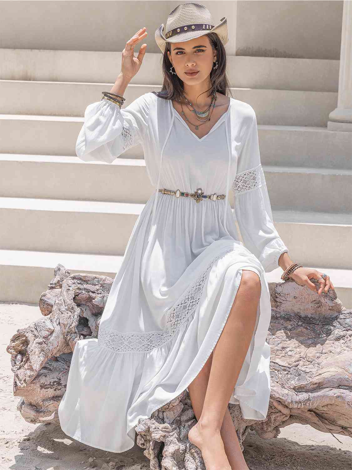 Tie Neck Balloon Sleeve Midi Dress in White or Black in Size S, M, L, XL, or 2X White