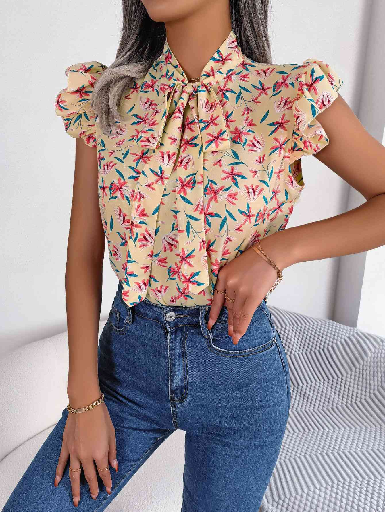 Floral Tie Neck Flutter Sleeve Blouse in 3 Color Choices in Size S, M, L, or XL