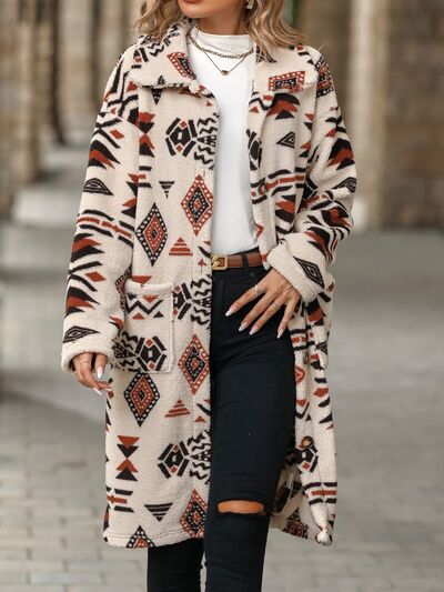 Geometric Dropped Shoulder Coat with Pockets Sand