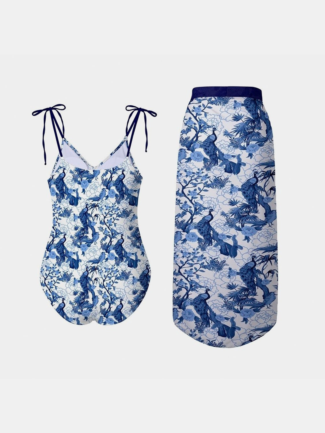 Printed Tie Shoulder Swimwear and Skirt Swim Set in Size S, M, L, XL, 1XL, or 2XL