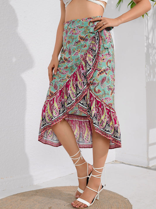 Tie Waistband Flounce Hem Midi Skirt in Size S, M, L, XL, or 2XL Multicolor