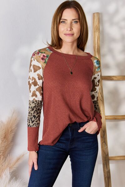 Hailey & Co Full Size Leopard Waffle-Knit Blouse in Size S, M, L, XL, 2XL, or 3XL