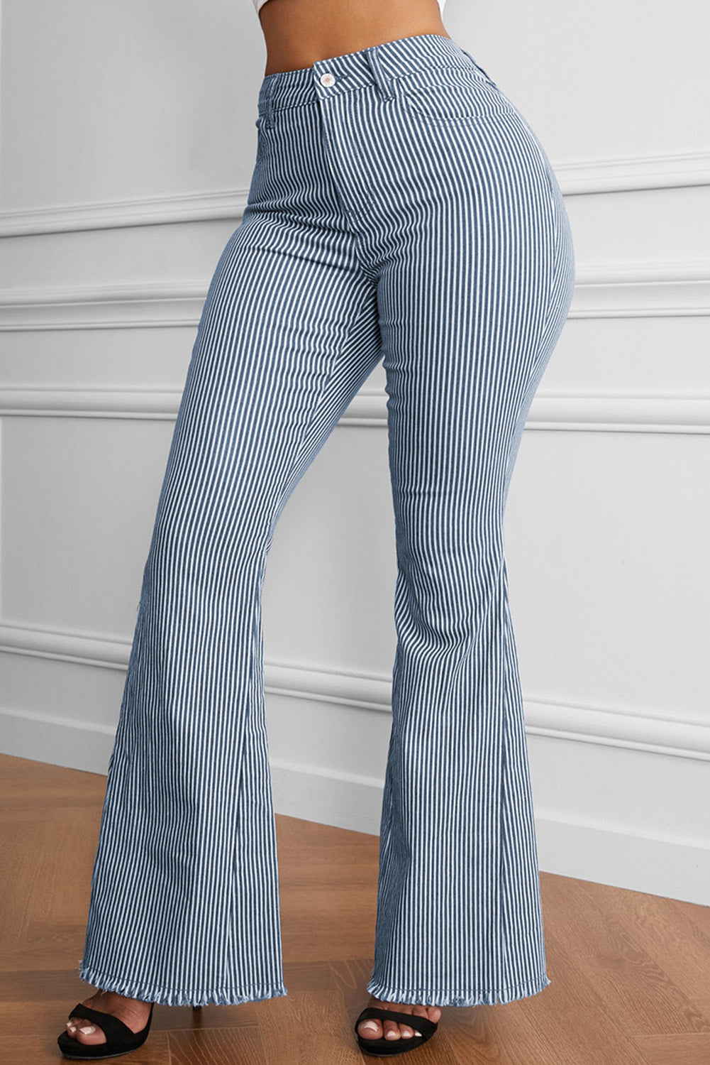 Striped Fringe Detail Flare Pants in Size S, M, L, or XL Misty Blue