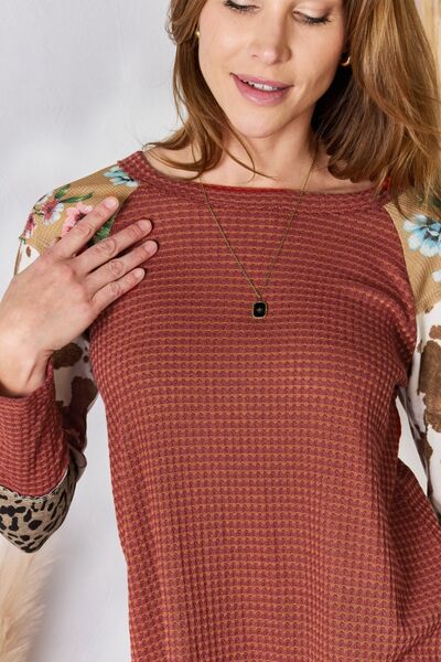 Hailey & Co Full Size Leopard Waffle-Knit Blouse in Size S, M, L, XL, 2XL, or 3XL