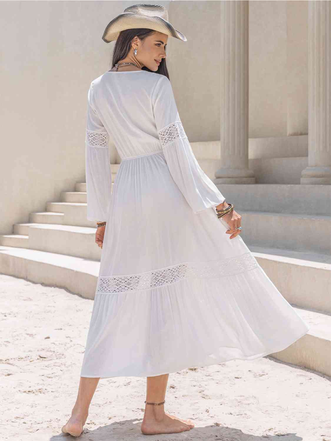 Tie Neck Balloon Sleeve Midi Dress in White or Black in Size S, M, L, XL, or 2X