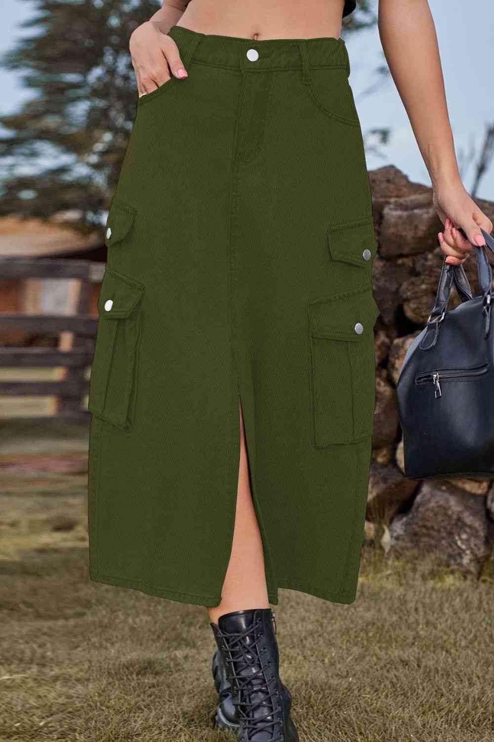 Slit Front Midi Denim Skirt with Pockets in 4 Color Choices in Size S, M, L, XL, or 2X