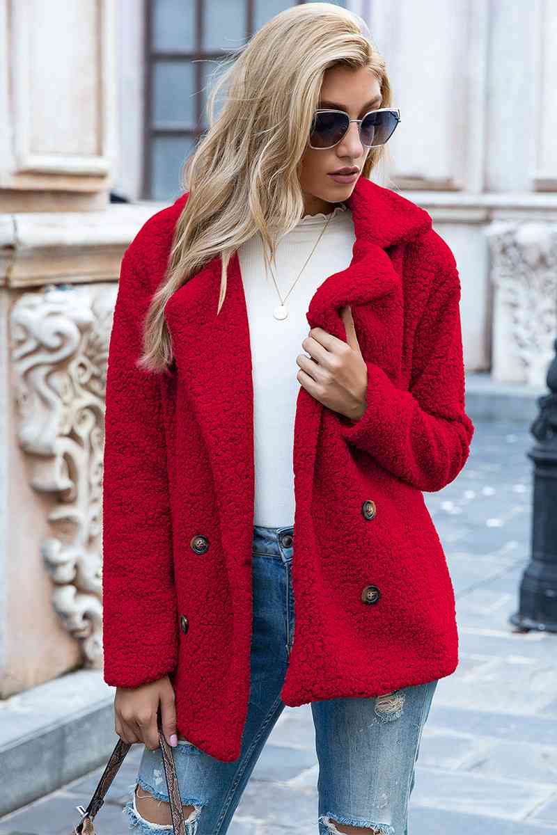 Lapel Collar Sherpa Coat Deep Red