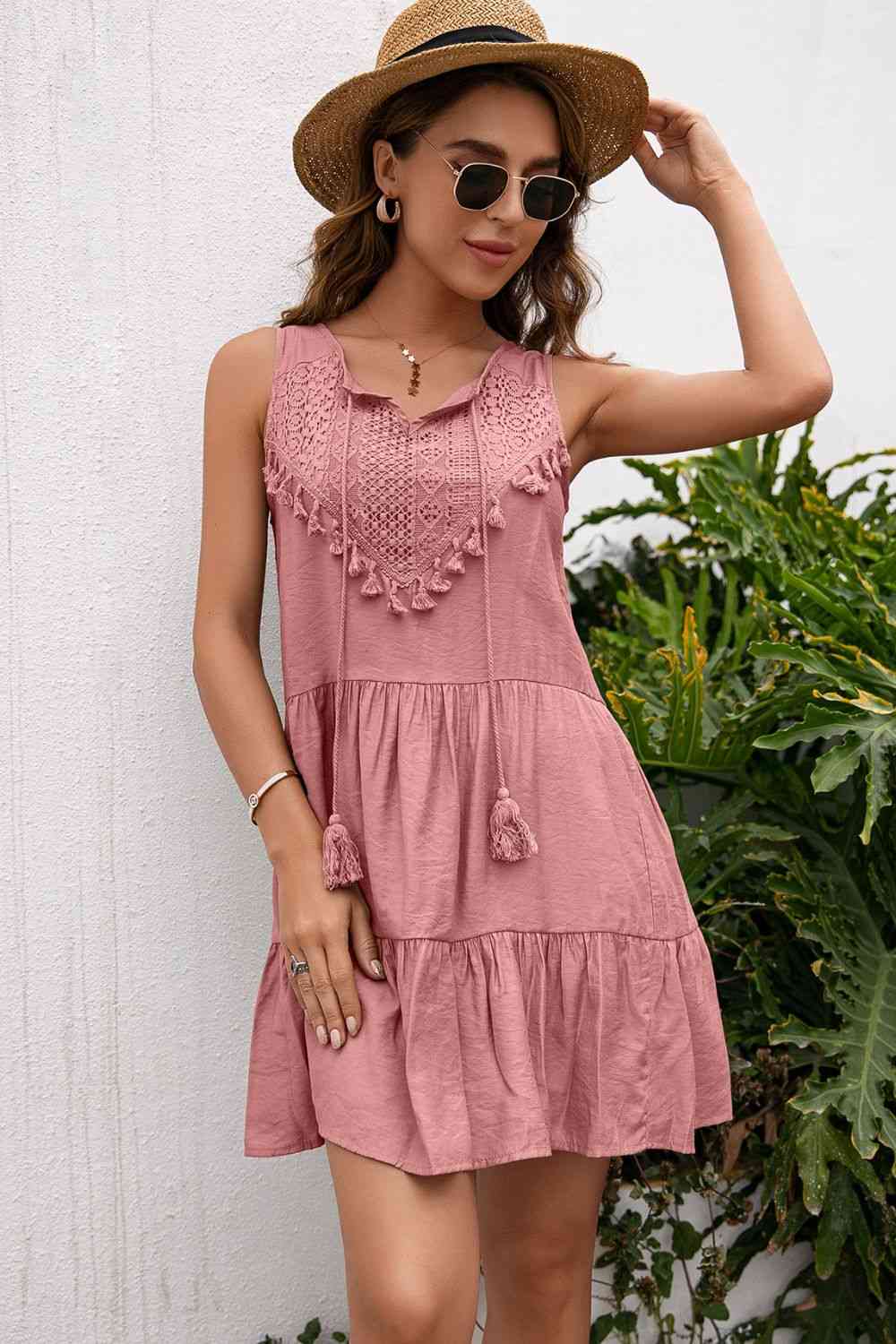 Tassel Tie Lace Trim Sleeveless Dress in 7 Color Choices in Size S, M, L, or XL Dusty Pink