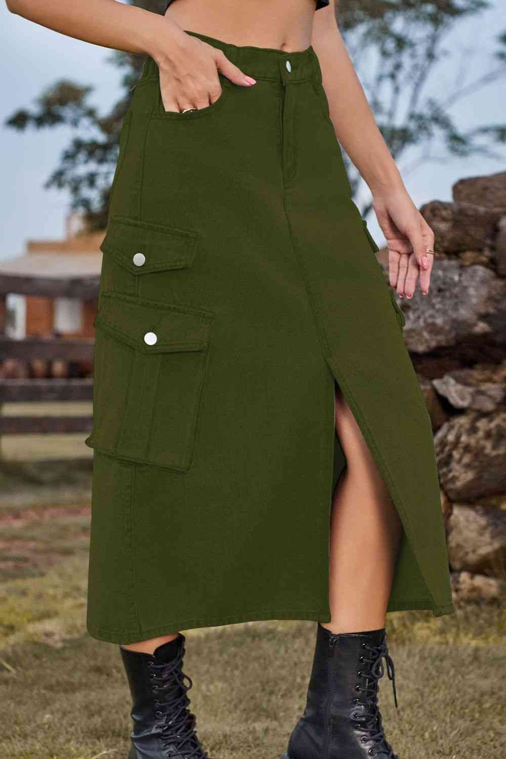 Slit Front Midi Denim Skirt with Pockets in 4 Color Choices in Size S, M, L, XL, or 2X