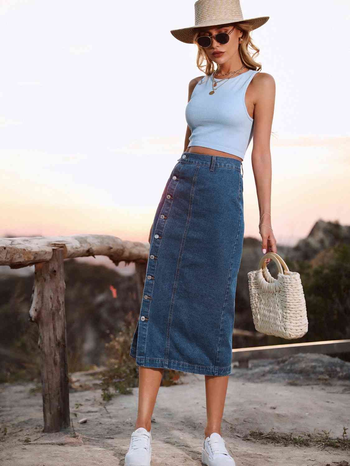 Button Down Denim Skirt in Size XS, S, M, or L