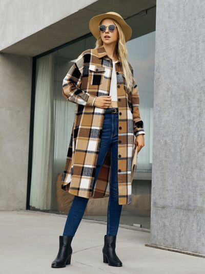 Plaid Pocketed Button Up Trench Coat Caramel