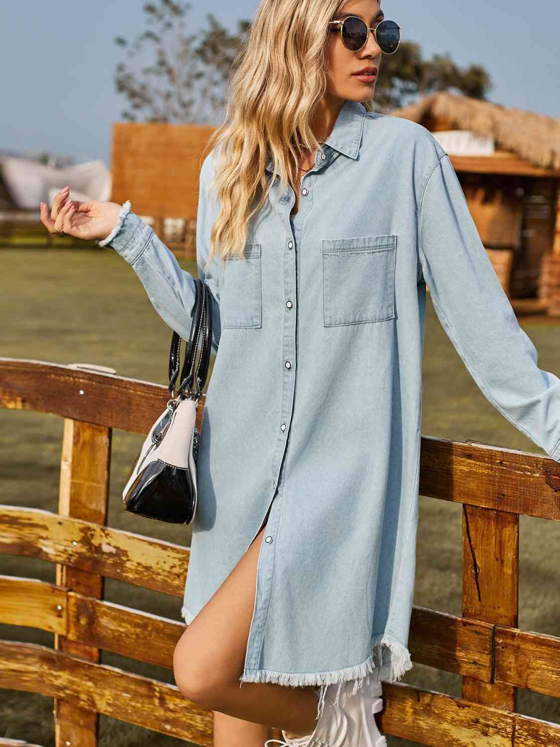 Button Up Collared Neck Raw Hem Denim Dress in 2 Color Choices in Size S, M, L, or XL