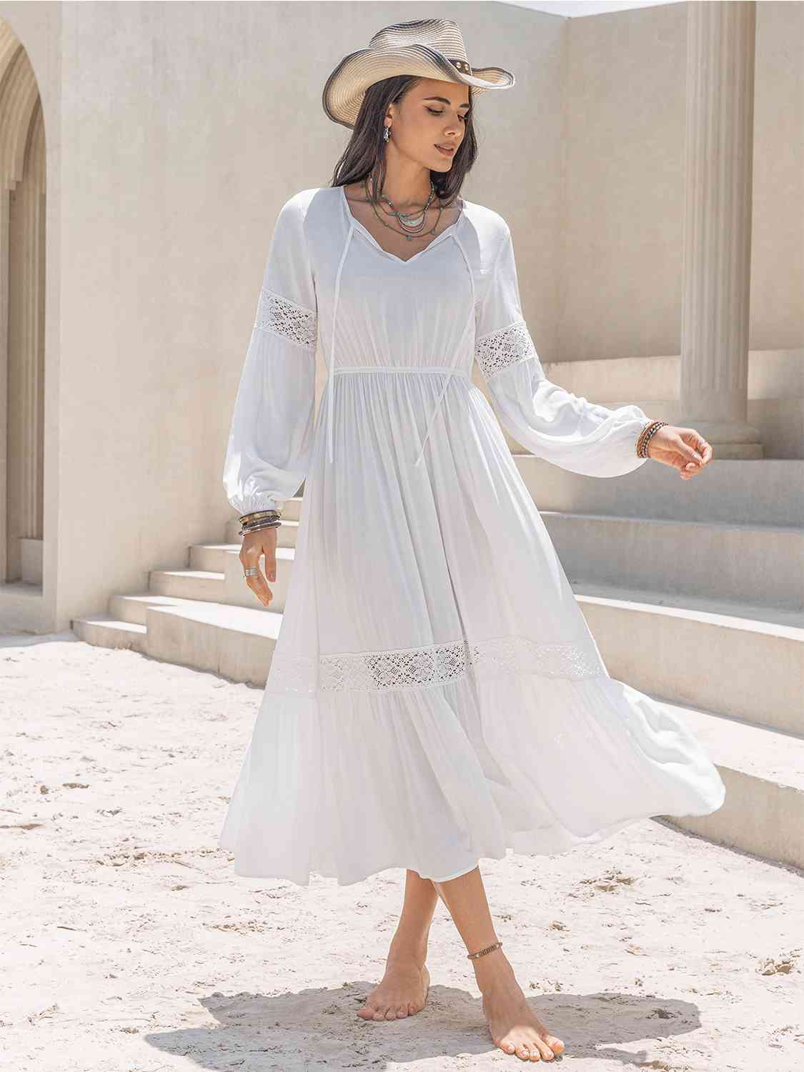 Tie Neck Balloon Sleeve Midi Dress in White or Black in Size S, M, L, XL, or 2X