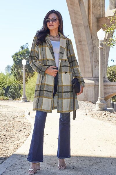 Double Take Full Size Plaid Button Up Lapel Collar Coat London Plaid