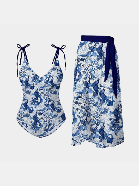 Printed Tie Shoulder Swimwear and Skirt Swim Set in Size S, M, L, XL, 1XL, or 2XL Dusty Blue