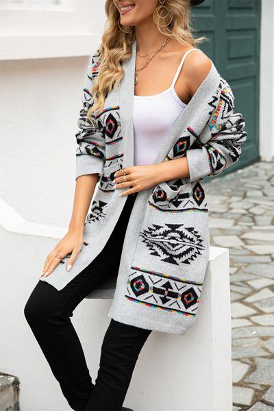 Geometric Open Front Dropped Shoulder Cardigan in Khaki or Light Grey in Size S, M, L, XL