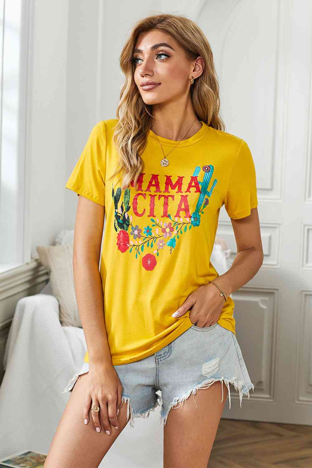 Mamacita Graphic Round Neck Tee in Size S, M, L, XL, 2XL Mustard