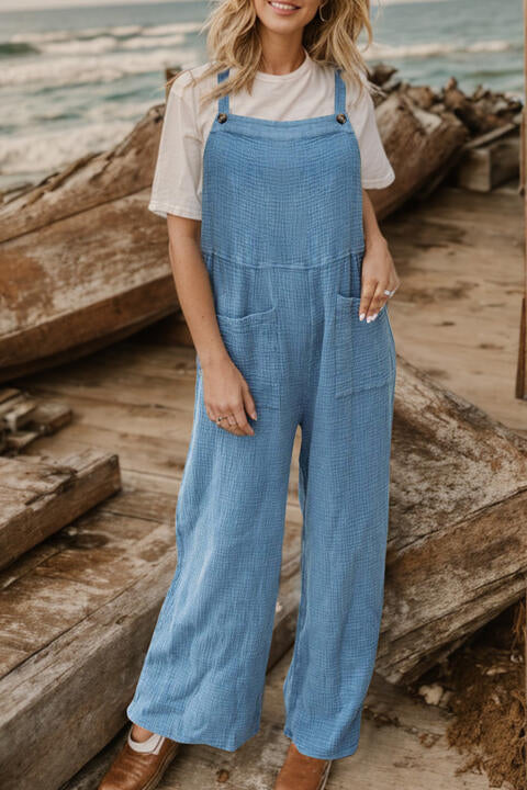 Full Size Wide Leg Front Pocket Jumpsuit Misty Blue