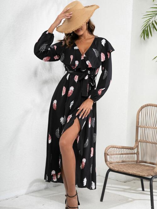 Printed Tie Front Ruffle Trim Long Sleeve Black Dress in Size S, M, or L