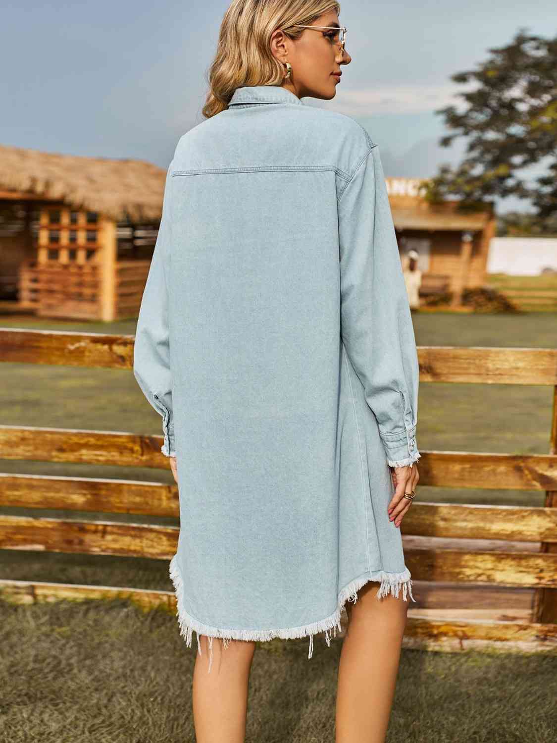 Button Up Collared Neck Raw Hem Denim Dress in 2 Color Choices in Size S, M, L, or XL