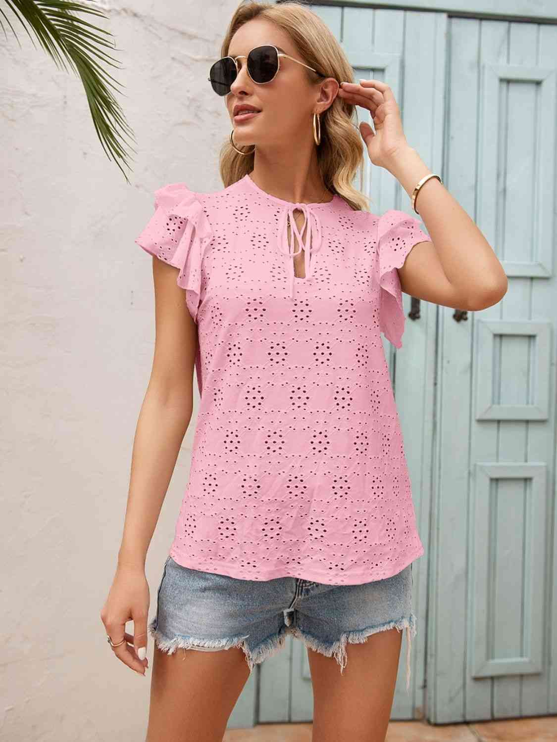 Eyelet Tie Neck Flutter Sleeve Blouse in Size S, M, L, or XL