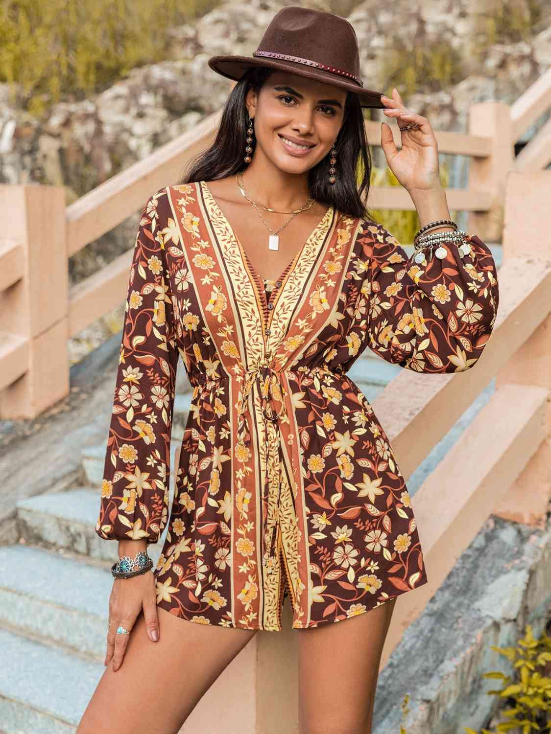 V-Neck Long Sleeve Romper in Size S, M, L, or XL Chestnut