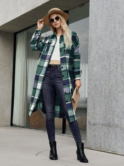 Plaid Pocketed Button Up Trench Coat Teal