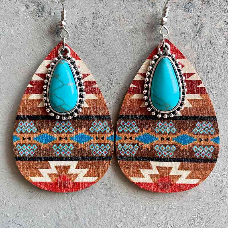 Turquoise Teardrop Shape Wooden Dangle Earrings Style A One Size