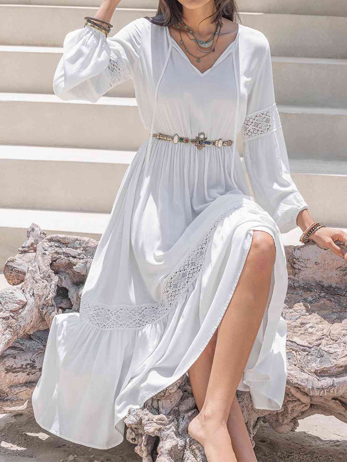 Tie Neck Balloon Sleeve Midi Dress in White or Black in Size S, M, L, XL, or 2X