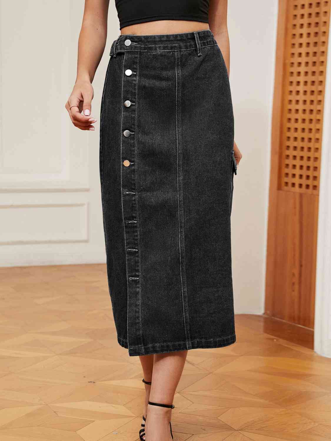 Button Down Denim Skirt in Size S, M, L, XL, or 2X