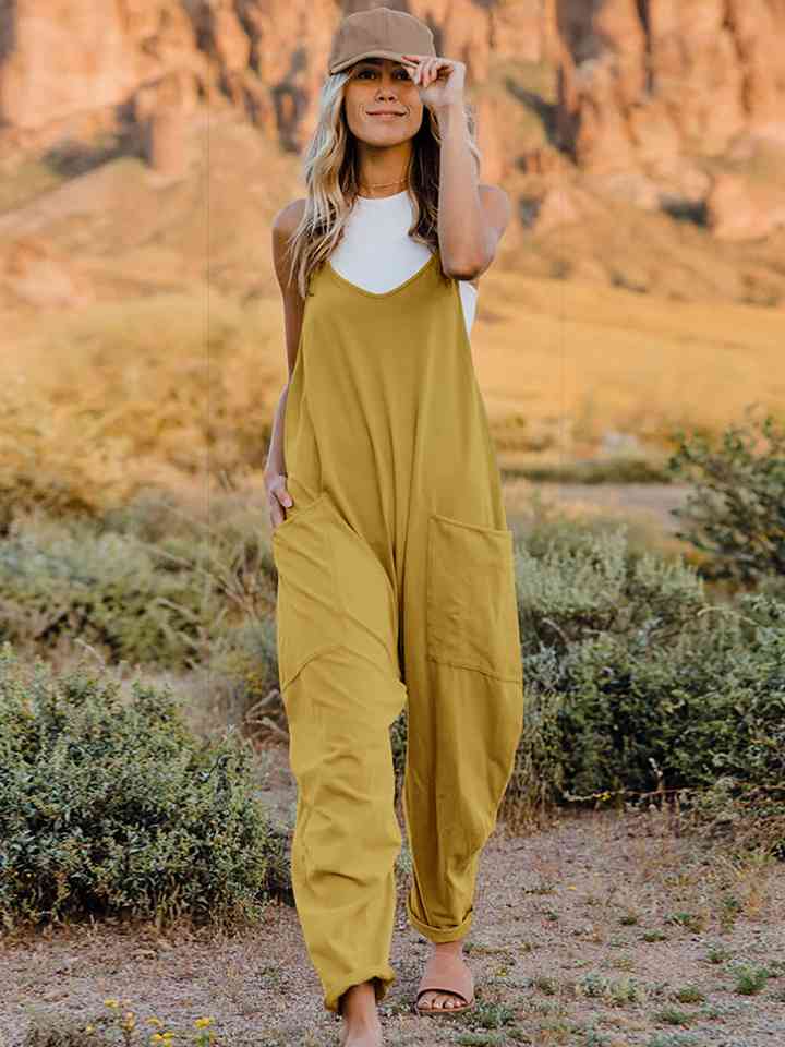 Double Take Full Size Sleeveless V-Neck Pocketed Jumpsuit Banana Yellow