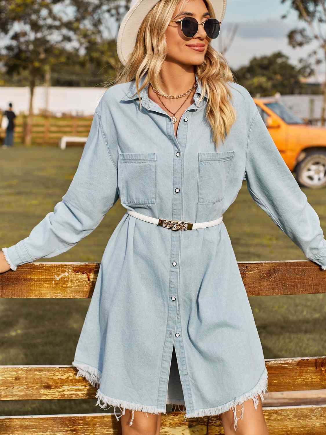 Button Up Collared Neck Raw Hem Denim Dress in 2 Color Choices in Size S, M, L, or XL