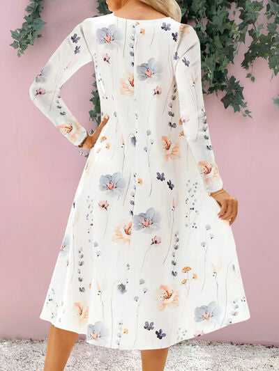 Floral Notched Long Sleeve Midi Dress in 4 Color Choices in Size S, M, L, or XL