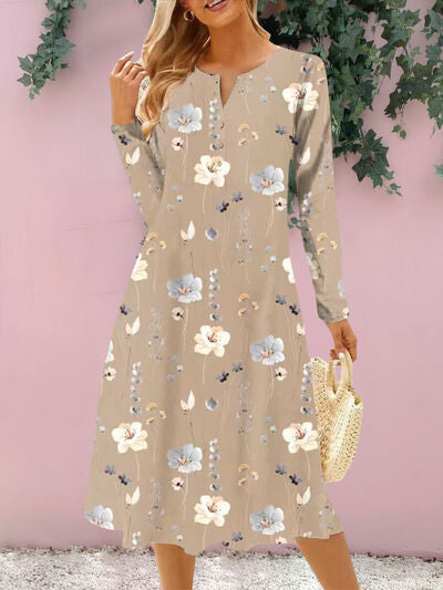 Floral Notched Long Sleeve Midi Dress in 4 Color Choices in Size S, M, L, or XL Tan