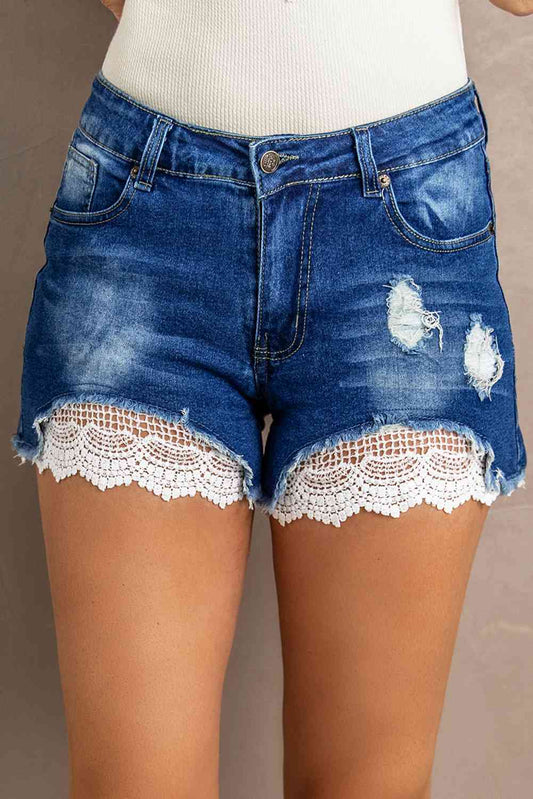 Spliced Lace Distressed Denim Shorts Medium