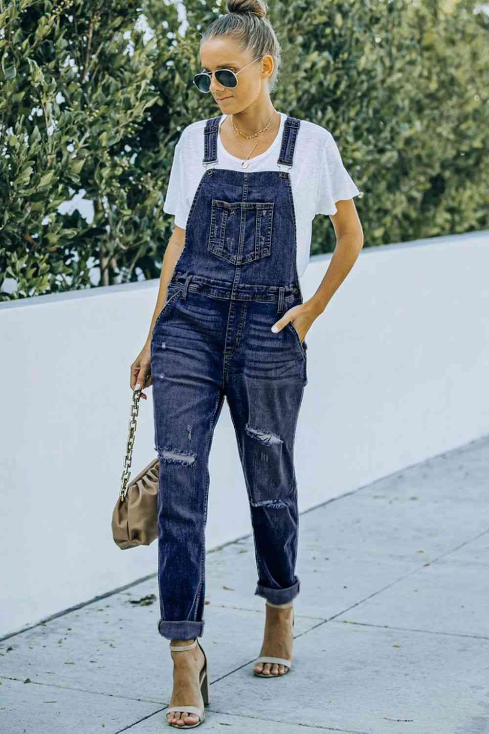 Pocketed Distressed Denim Overalls Blue