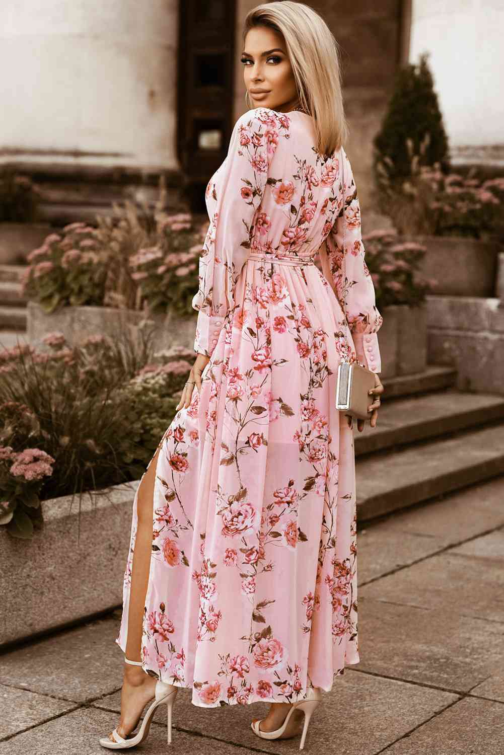 Floral Tie Belt Bishop Sleeve Slit Maxi Dress in Size S, M, L, or XL