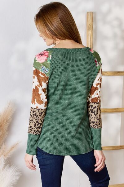 Hailey & Co Full Size Hunter Green Waffle-Knit Leopard Blouse in Size S, M, L, XL, 2XL, or 3XL