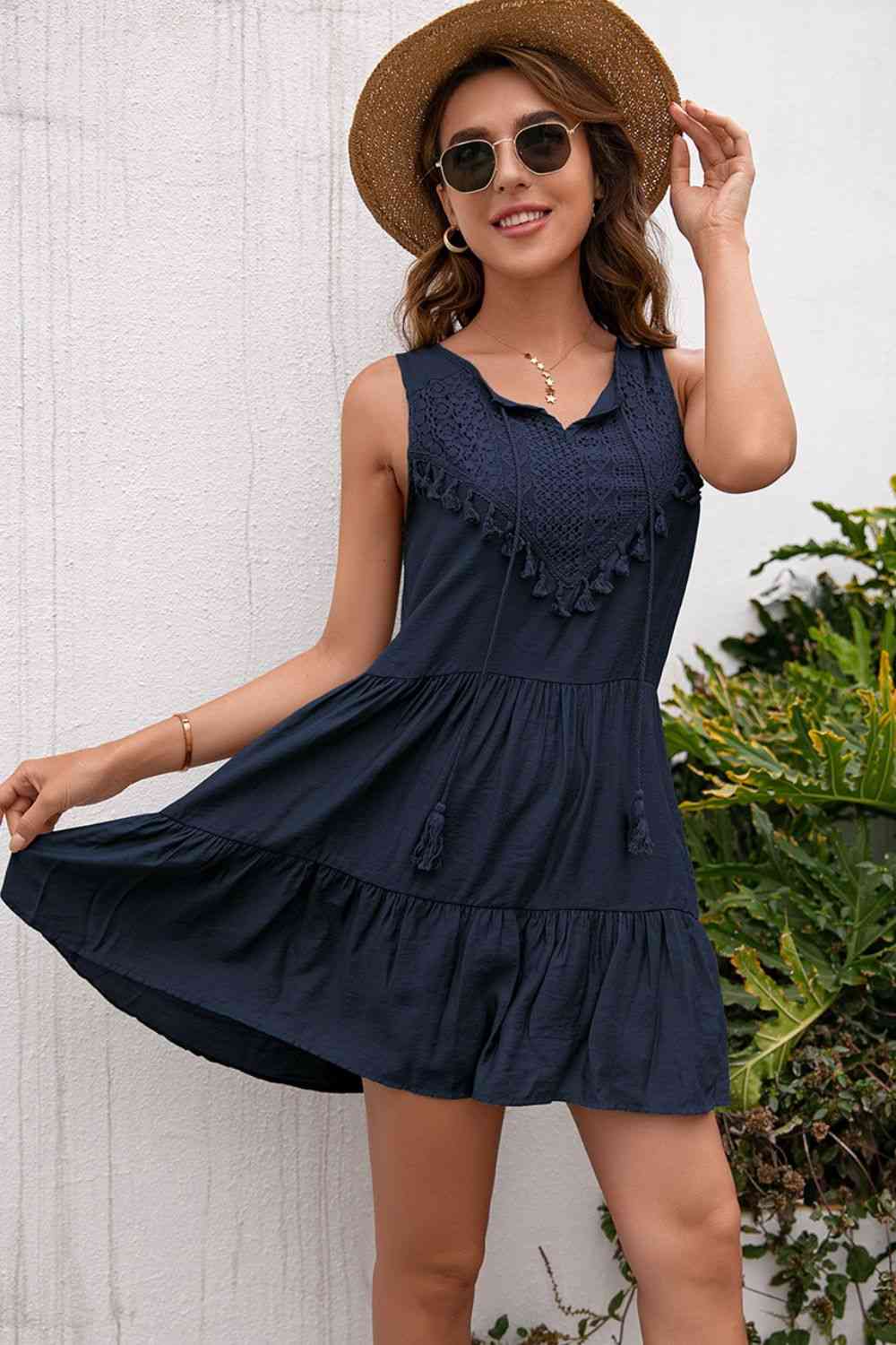 Tassel Tie Lace Trim Sleeveless Dress in 7 Color Choices in Size S, M, L, or XL