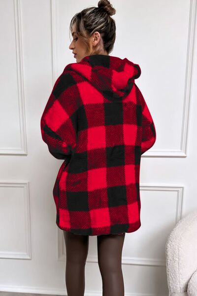 Double Take Full Size Plaid Long Sleeve Hooded Coat in 4 Color Choices in Size S, M, L, XL, 2X, or 3X