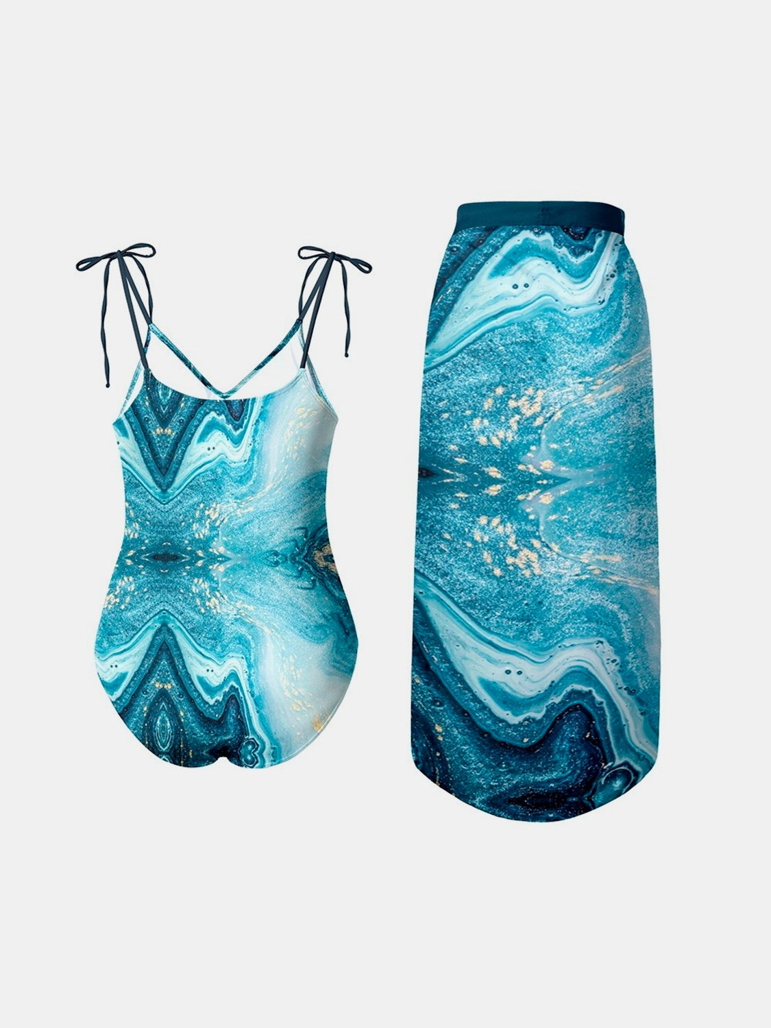 Printed Tie Shoulder Swimwear and Skirt Swim Set in Size S, M, L, XL, 1XL, or 2XL