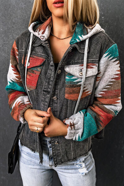 Drawstring Hooded Pocketed Denim Jacket Charcoal