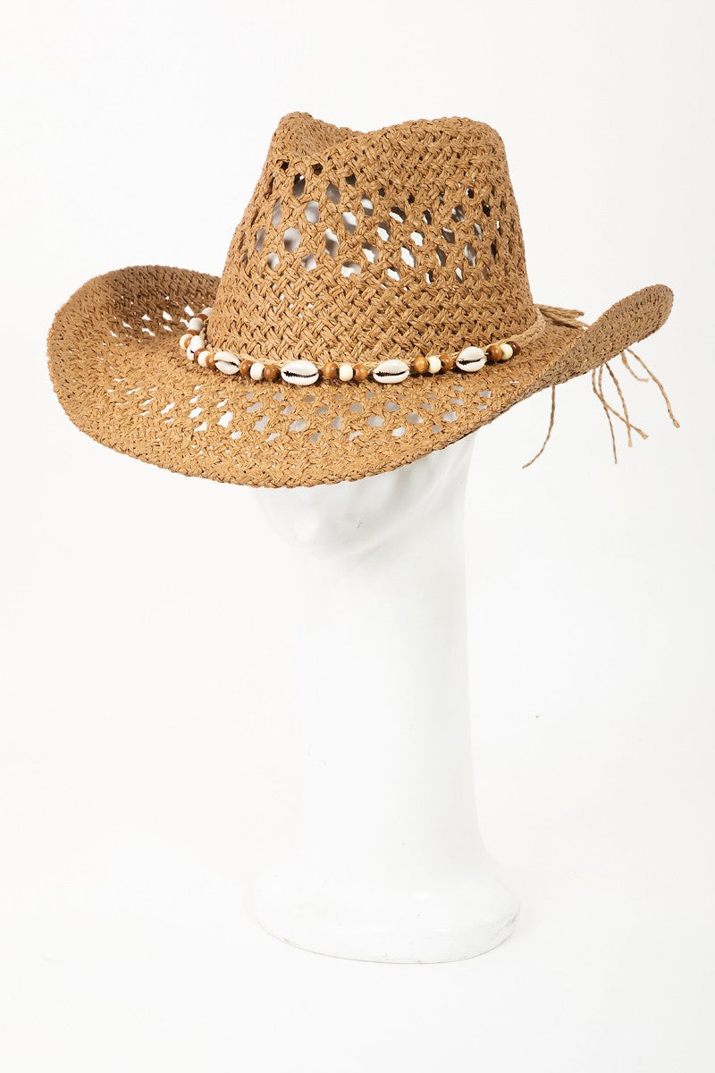 Fame Cowrie Shell Beaded String Straw Hat TA One Size