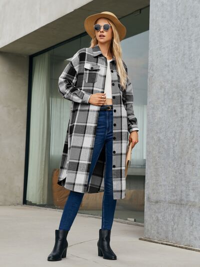 Plaid Pocketed Button Up Trench Coat Black