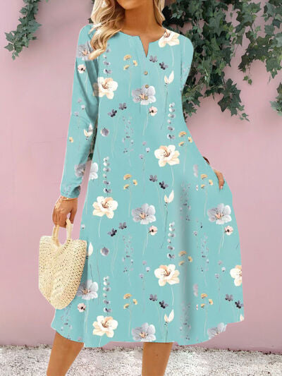 Floral Notched Long Sleeve Midi Dress in 4 Color Choices in Size S, M, L, or XL
